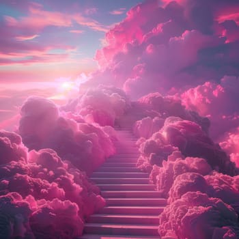 A pink sky with a staircase in the clouds. The image has a dreamy and whimsical mood, as if the viewer is looking up at a magical world