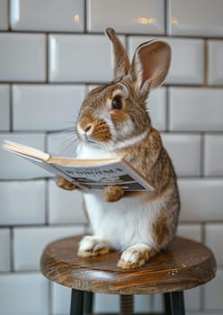 A rabbit is sitting on a stool and reading a book. The rabbit is enjoying the book, and the scene is playful and lighthearted