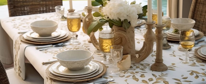 Botanical holiday tablescape, outdoor English country table setting, table scape with elegant tableware and dinnerware for wedding party and event, post-processed, generative ai