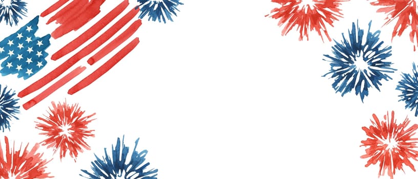 Fourth of July banner. USA flag and fireworks explosions. Independence day national holiday we are closed template. Hand drawn watercolor 4th of July clipart for web announcement, banner, coupon, sale