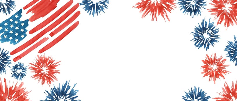 Fourth of July banner. USA flag and fireworks explosions. Independence day national holiday we are closed template. Hand drawn watercolor 4th of July clipart for web announcement, banner, coupon, sale