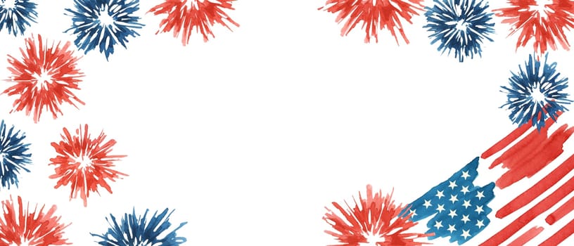 Fourth of July banner. USA flag and fireworks explosions. Independence day national holiday we are closed template. Hand drawn watercolor 4th of July clipart for web announcement, banner, coupon, sale