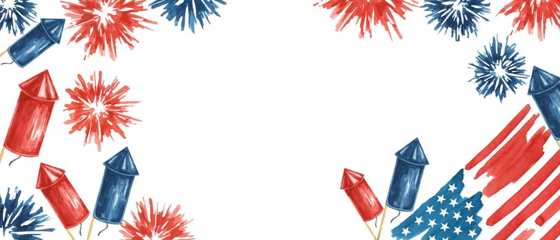 Fourth of July banner. USA flag, firecrackers and fireworks bursts. Independence day national holiday template. Hand drawn watercolor 4th of July clipart for web, voucher, banner, coupon, sale, store