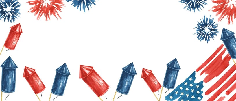 Fourth of July banner. USA flag, firecrackers and fireworks bursts. Independence day national holiday template. Hand drawn watercolor 4th of July clipart for web, voucher, banner, coupon, sale, store