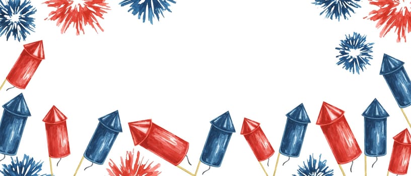 Fourth of July banner. Red, Blue firecrackers and fireworks bursts. Independence day national holiday template. Hand drawn watercolor 4th of July clipart for web, voucher, banner, coupon, sale, store