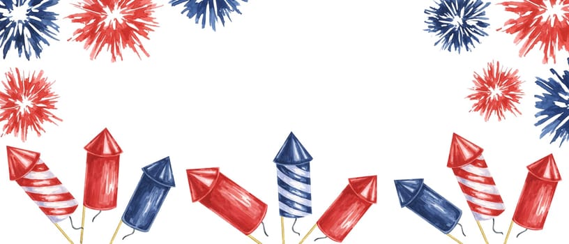 Fourth of July banner. Red, Blue firecrackers and fireworks bursts. Independence day national holiday template. Hand drawn watercolor 4th of July clipart for web, voucher, banner, coupon, sale, store