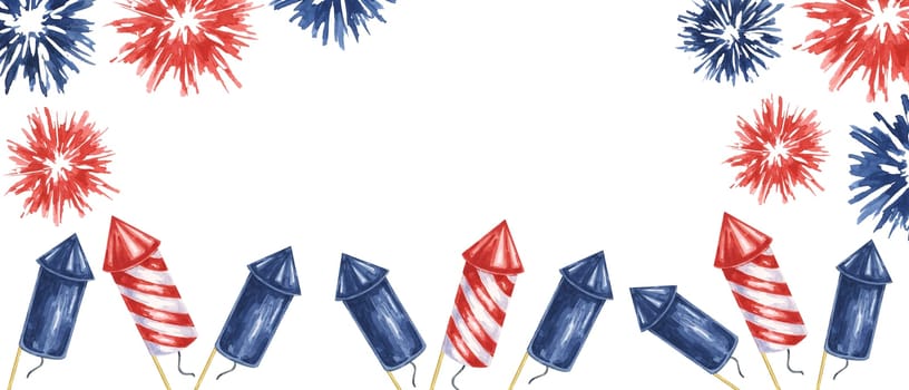 Fourth of July banner. Red, Blue firecrackers and fireworks bursts. Independence day national holiday template. Hand drawn watercolor 4th of July clipart for web, voucher, banner, coupon, sale, store