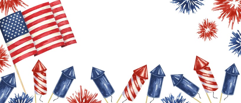Fourth of July banner. USA flag, firecrackers and fireworks bursts. Independence day national holiday template. Hand drawn watercolor 4th of July clipart for web, voucher, banner, coupon, sale, store