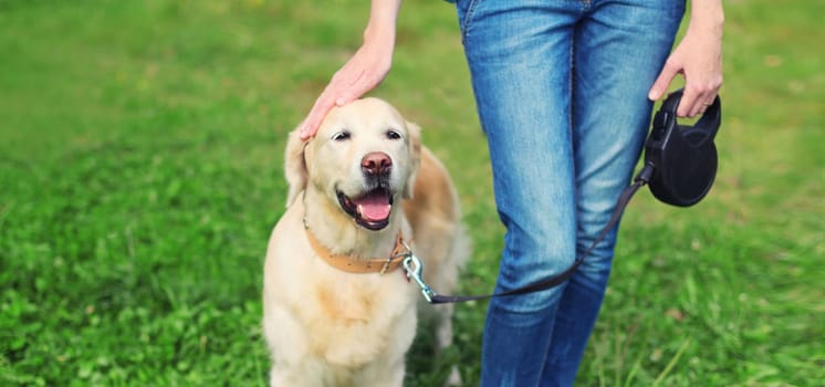 Owner woman walking with her Golden Retriever dog on leash in summer park