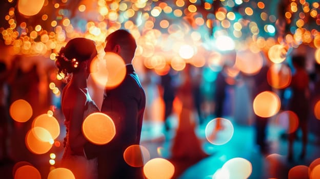 A couple is dancing in a crowded room with bright lights and blurry background. Scene is lively and romantic