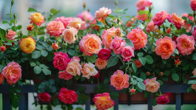 A beautiful bouquet of red roses is displayed on a balcony. The flowers are in full bloom and are arranged in a way that creates a sense of harmony and balance