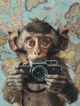 A monkey is holding a camera and looking at the camera. The monkey is wearing a camera strap and he is taking a picture