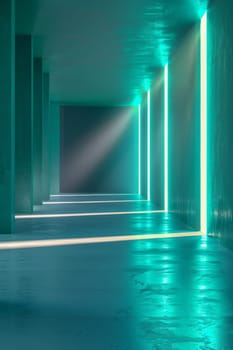 A long, narrow, green tunnel with neon lights.