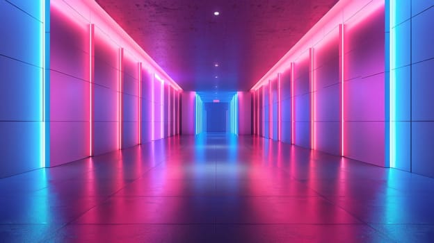 A long, brightly lit hallway with neon lights. The walls are painted in a variety of colors, creating a vibrant and energetic atmosphere. The lighting is focused on the floor, illuminating the tiles