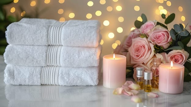 A set of white towels are stacked on top of each other, with a candle and a vase of flowers in between. Concept of relaxation and comfort, as the towels and candles suggest a spa-like atmosphere