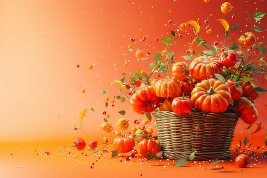A basket full of pumpkins and leaves on a bright orange background. Concept of abundance and harvest