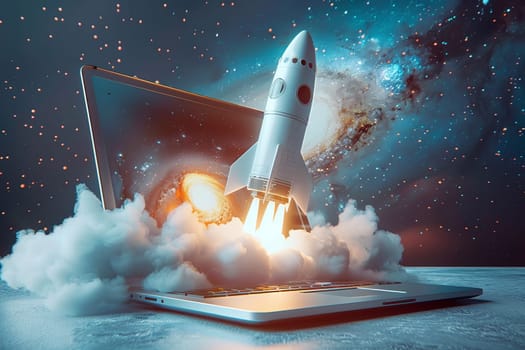 Startup business and launch project concept. Rocket flying on laptop symbol.
