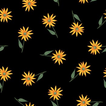 Topinambur Flower Seamless Pattern. Hand Drawn Floral Digital Paper on Black Background.