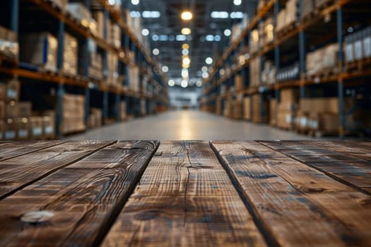 A large open warehouse with wooden floors and a lot of boxes. Scene is industrial and somewhat chaotic