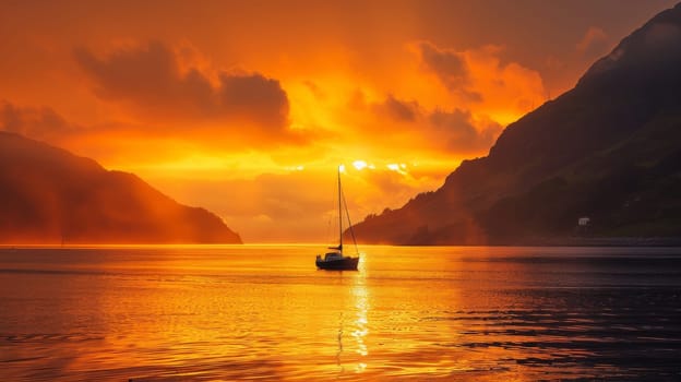 The sun is setting over the ocean, casting a warm glow on the water. The sky is a mix of orange and pink hues, creating a serene and peaceful atmosphere. The water is calm