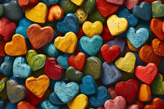 seamless full-frame background of colorful hearts. Neural network generated image. Not based on any actual person or scene.