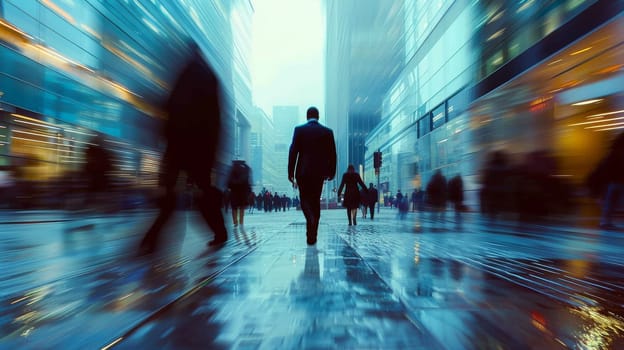 A blurry image of a busy city street with people walking and a man in a suit. Scene is busy and bustling, with people going about their daily lives