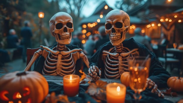 Skeletons sitting at the table and having a Halloween party. Neural network generated image. Not based on any actual scene or pattern.