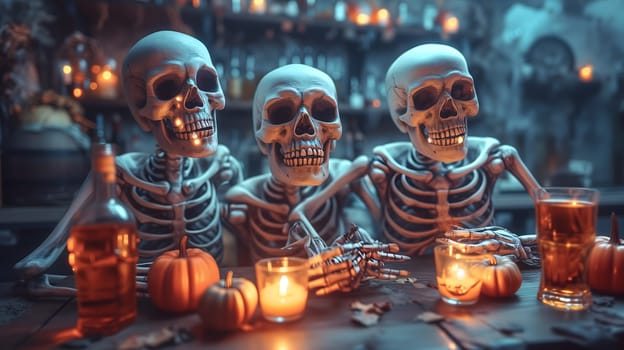 Skeletons sitting at the table and having a Halloween party. Neural network generated image. Not based on any actual scene or pattern.