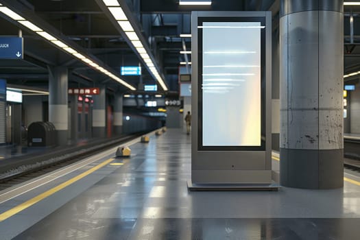 A group of people are walking through a subway station with a large white billboard in the middle. The billboard is empty, but the people are busy and bustling about. Scene is one of activity