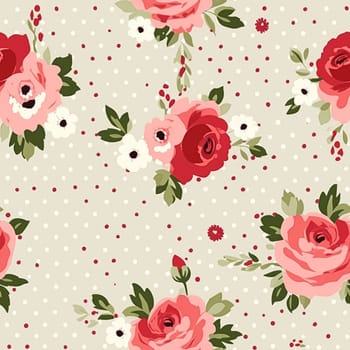 Seamless pattern, tileable floral country holiday print with roses, dots and flowers for wallpaper, wrapping paper, scrapbook, fabric and polka dot roses product design idea