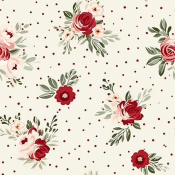 Seamless pattern, tileable floral country holiday print with roses, dots and flowers for wallpaper, wrapping paper, scrapbook, fabric and polka dot roses product design idea