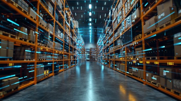A warehouse with a lot of boxes and shelves. The boxes are stacked on top of each other and the shelves are filled with them. The warehouse is very large and has a lot of space