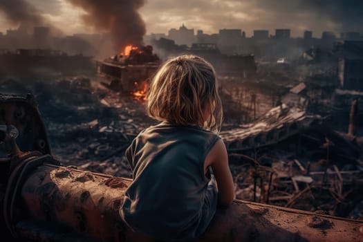 Kid Standing Amidst Ruined Blazing City Post Blast