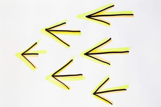 Vibrant neon green arrows Similar to pack drawn by hand on white background. The concept of movement, growth, decline, change, decline and achievements in business