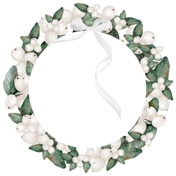 Mistletoe white watercolor. A round wreath made of branches with berries and bow. Frame clip on isolated white background. Ideal for wedding invitations cards for Christmas and New Year. Snowberry realistic drawing. High quality illustration