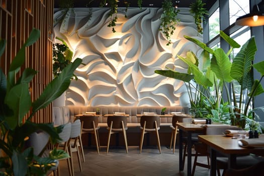 A restaurant with a green wall of leaves and a green wall of leaves. The chairs are black and the tables are wooden