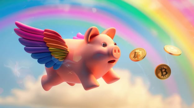 A 3d piggy bank with rainbow angel wings and gold coin flying, A piggy bank for creative financial, Savings concept design.