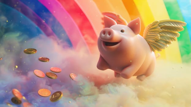 A 3d piggy bank with rainbow angel wings and gold coin flying, A piggy bank for creative financial, Savings concept design.