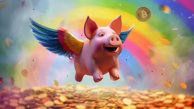 A 3d piggy bank with rainbow angel wings and gold coin flying, A piggy bank for creative financial, Savings concept design.