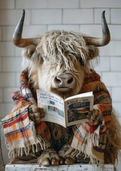 A bull is sitting on a chair and reading a book. Concept of curiosity and intelligence, as the bull is engaging in a human activity. The combination of the animal and the book creates a unique