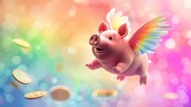 A 3d piggy bank with rainbow angel wings and gold coin flying, A piggy bank for creative financial, Savings concept design.