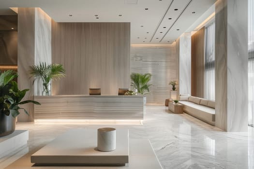A large, open lobby with a white wall and a white floor. The room is filled with plants and has a modern, minimalist design