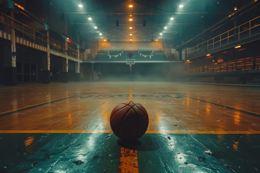 A basketball is sitting on the court in a dimly lit gym. The ball is the only object in the scene, and the atmosphere is quiet and still