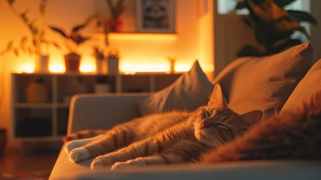 A cat is sleeping on a couch in living room with warm light.