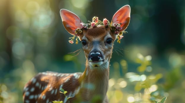 A deer with a flower crown on its head is standing in a field of flowers.