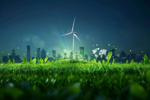Green clean, Renewable, Sustainable energy concept. Wind turbine background.