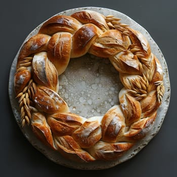 A staple food dish made of baked goods, a wreath of bread served on a plate with a black background. The serveware contrasts with the fashion accessory of the metal plate