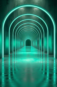 A long, narrow, green tunnel with neon lights.