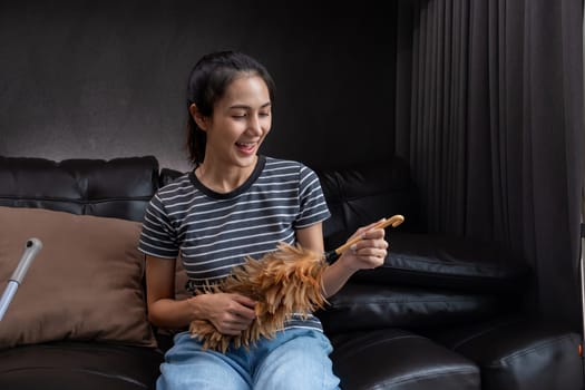 Smiling woman holding feather duster in living room. Concept of household chores and cleanliness.