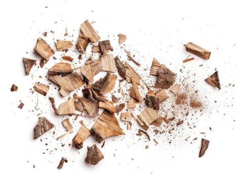Pile of wood shavings, sawdust, and small wood fragments scattered on a white background. Nature textures and materials for design and art projects. Ai generation. High quality photo
